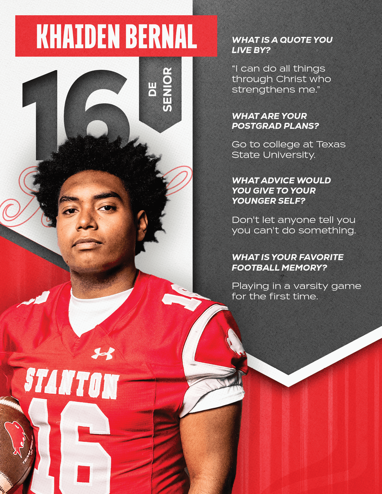A football player wearing a blue and red jersey with the number 7 on it. Description generated by AI