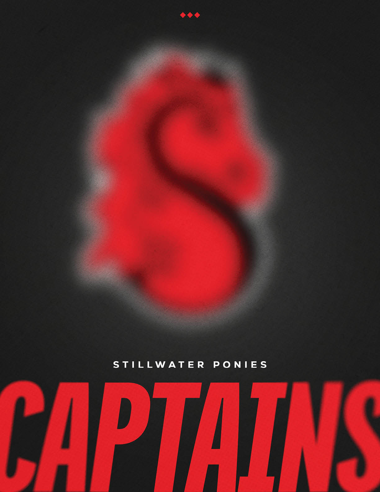 A stylized red horse head logo with a black outline and the text “STILLWATER PONIES CAPTAINS" below it on a dark background. Description generated by AI