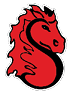A stylized red horse head with a flowing mane forms the shape of the letter S outlined in black and white. Description generated by AI