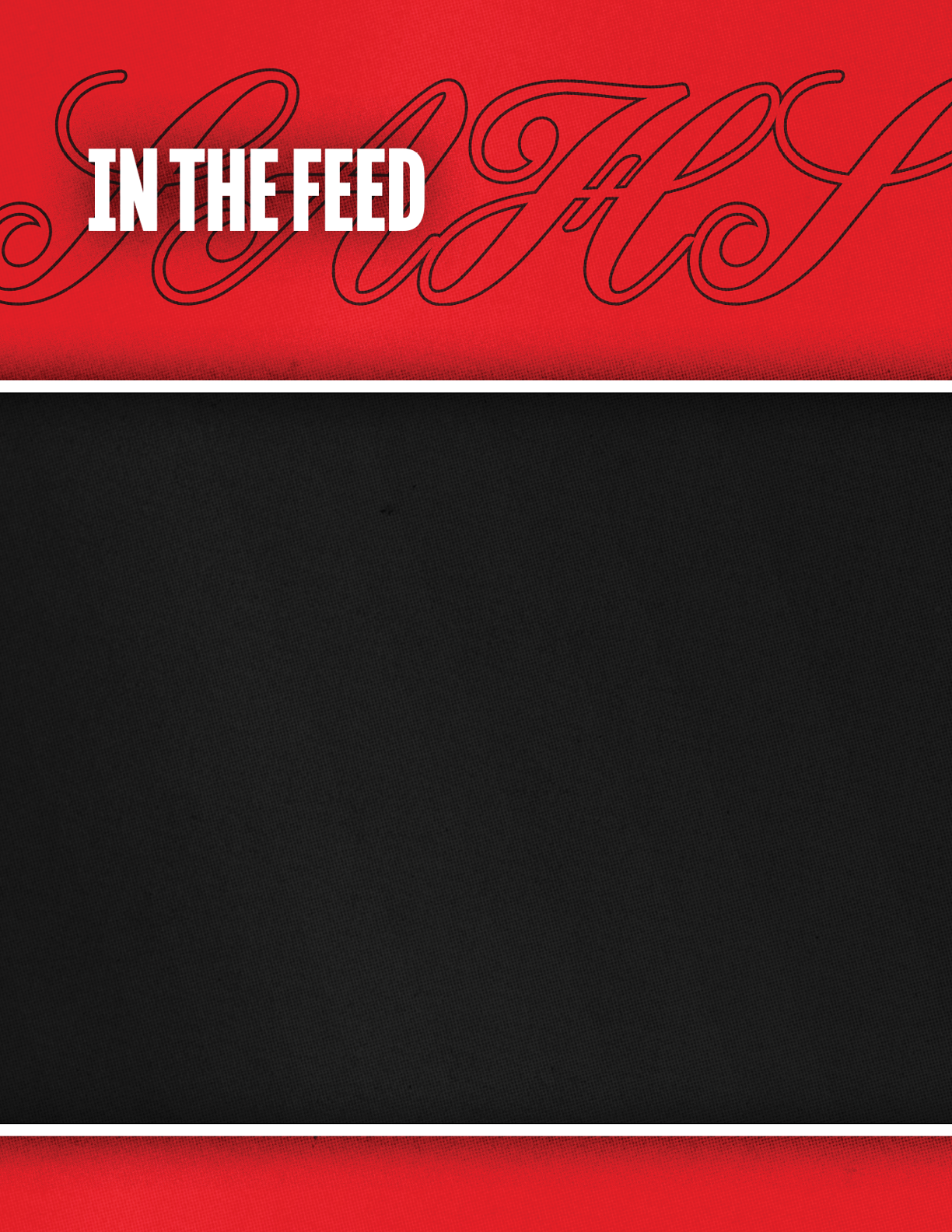The image features a red textured background with elegant black script letters partially visible and the bold white text “IN THE FEED" prominently displayed. Description generated by AI