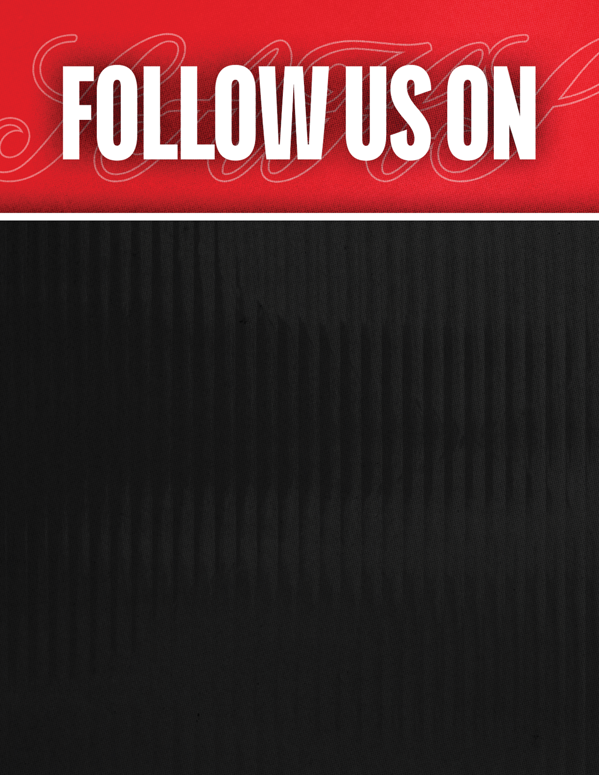 Follow us on social media with icons for Facebook, Twitter, Instagram, and YouTube displayed on a black background below bold white text on a red background. Description generated by AI