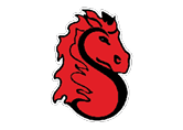 A stylized red horse head with a flowing mane forms the shape of the letter S outlined in black and white. Description generated by AI