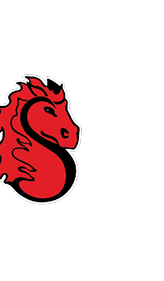 A stylized red horse head with a flowing mane outlined in black, forming an S shape. Description generated by AI