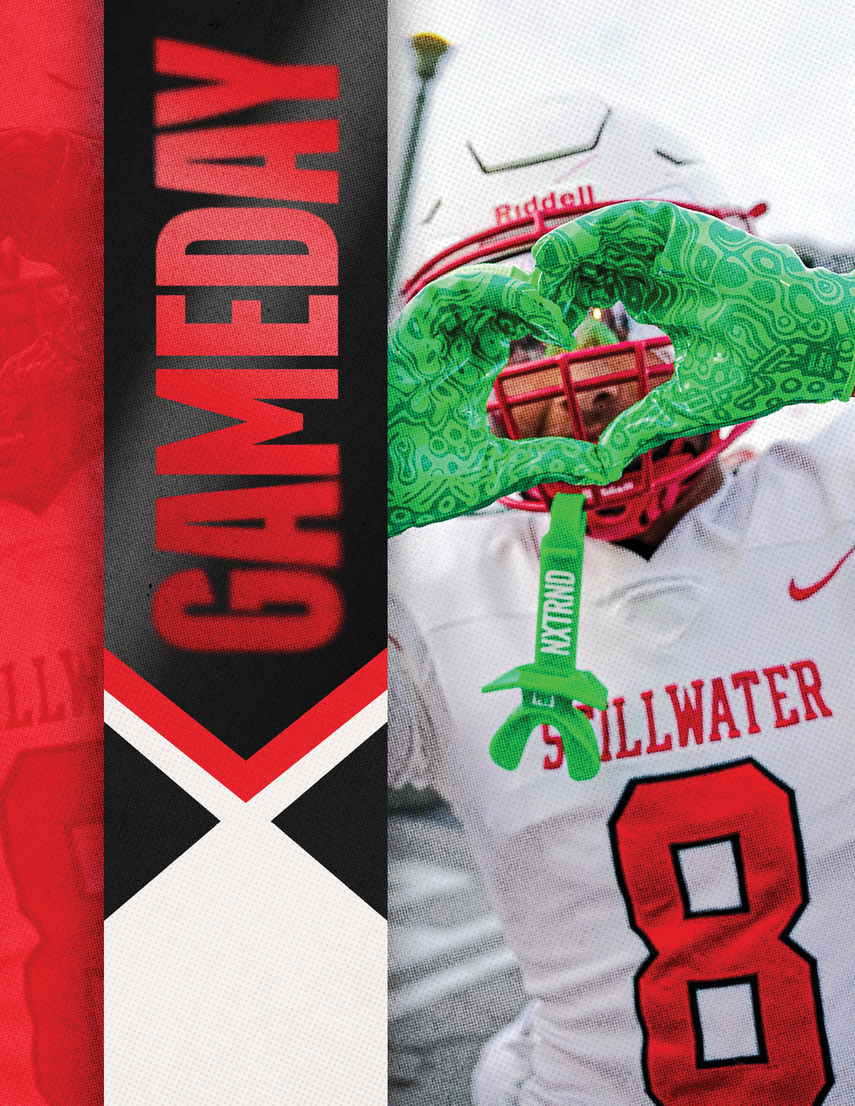 A person wearing a white football uniform with the number 8 and the word Stillwater on it is making a heart shape with their green-gloved hands next to a vertical banner that says GAMEDAY. Description generated by AI