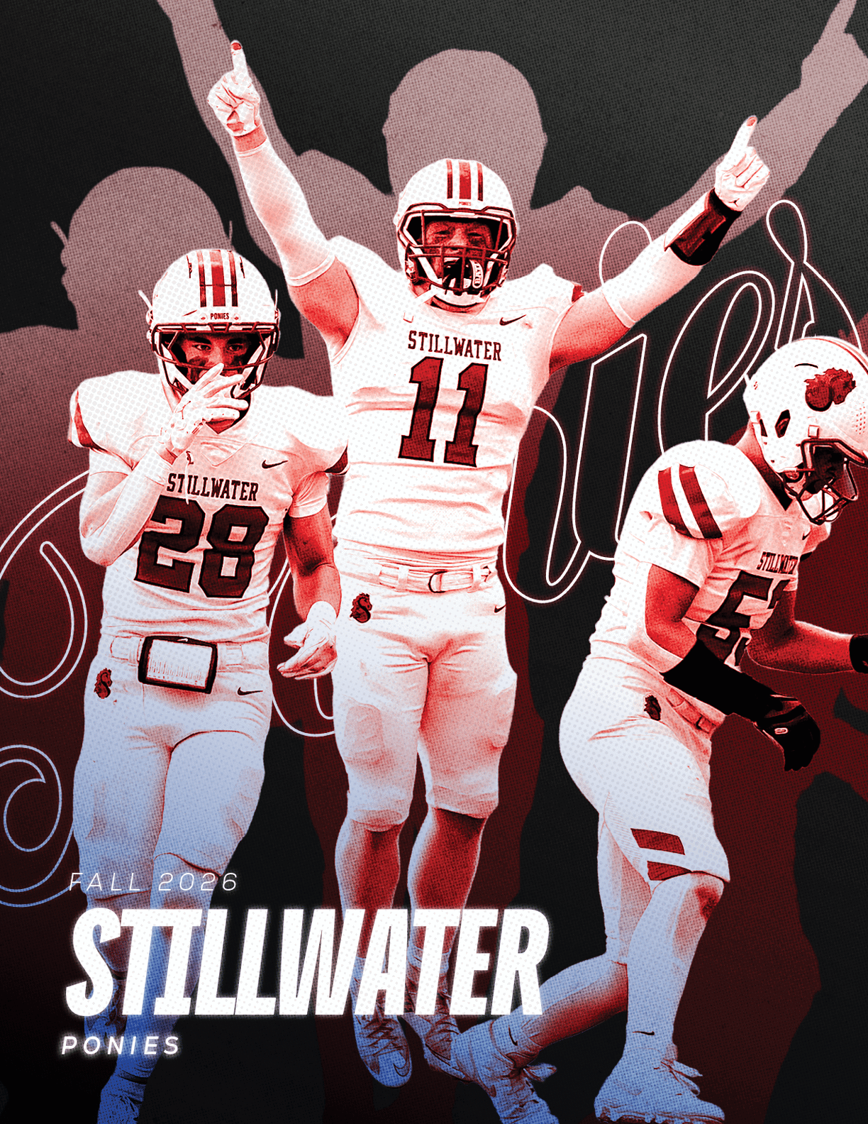 Three athletes in white football uniforms with red accents are celebrating energetically against a dark background with the text “Stillwater Ponies" in bold white letters. Description generated by AI