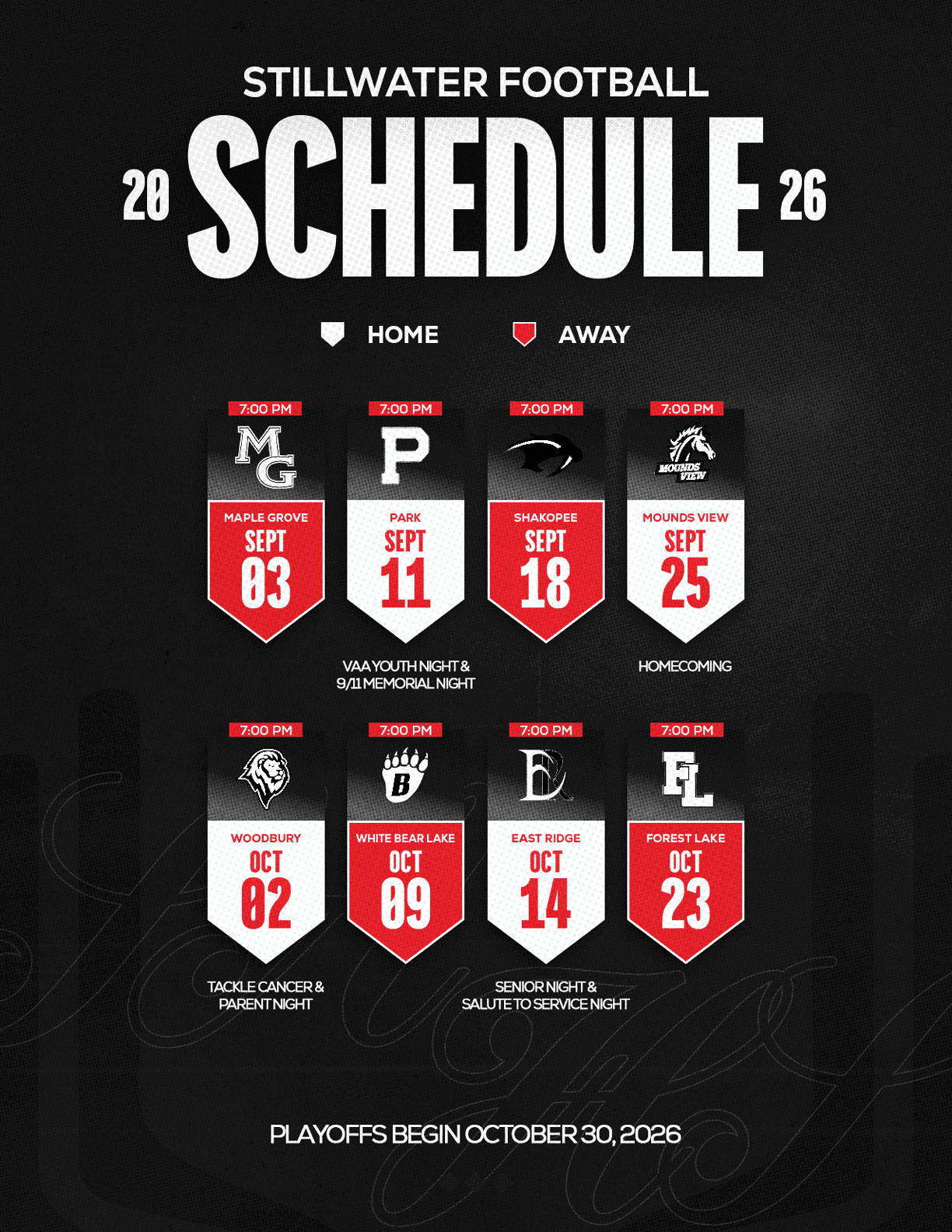 Stillwater Football 2026 schedule with home and away games listed by date and opponent, including notes about youth nights, homecoming, and playoffs. Description generated by AI