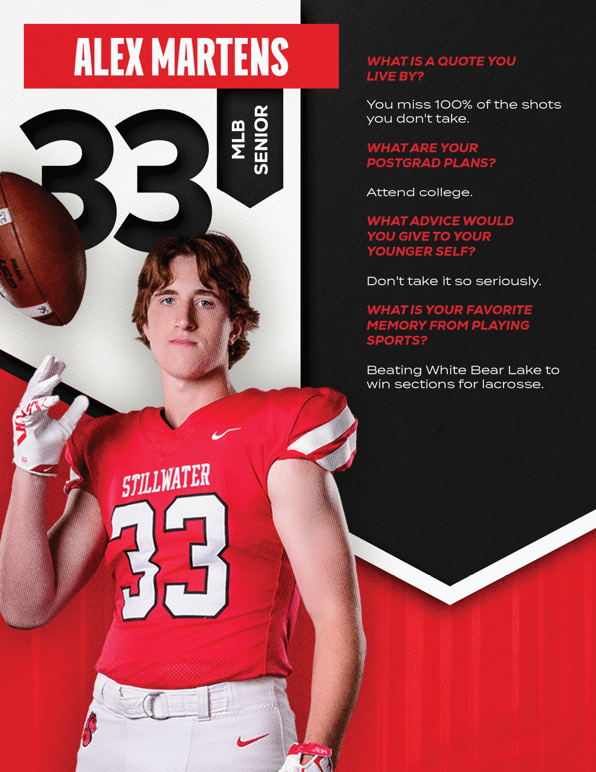 An adult wearing a red football uniform with the number 33 and the name Stillwater is posing with one hand raised while text on the right side includes the name Alex Martens and questions about quotes, postgrad plans, advice, and favorite football memory. Description generated by AI