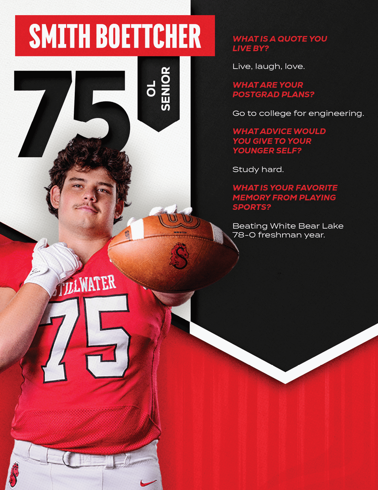 An adult wearing a red football jersey with the number 75 and holding a football poses next to text featuring their name, position, class year, and answers to questions about their favorite quote, postgrad plans, advice to younger self, and favorite football memory. Description generated by AI