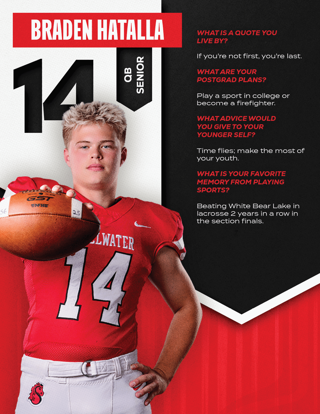 An adult wearing a red football jersey with the number 14 holds a football and stands next to text featuring the name Braden Hatalla and questions about quotes, postgrad plans, advice, and favorite football memories. Description generated by AI