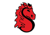 A stylized red horse head with a flowing mane forms the shape of the letter S outlined in black and white. Description generated by AI