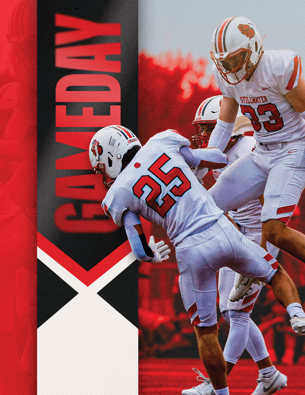 Three people in white football uniforms with red and black accents are celebrating on a field with a red and black background that includes the word “GAYEDAY." Description generated by AI