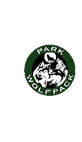 A circular logo with two stylized wolves, one howling and one resting, in front of a full moon, surrounded by a dark green border with the words “PARK WOLFPACK." Description generated by AI