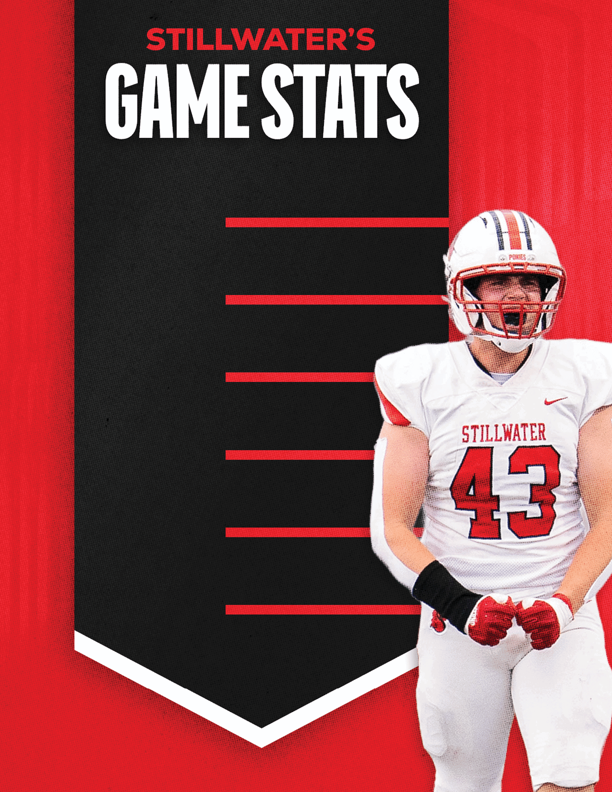 A person in a white football uniform with red accents and the number 43 is standing next to a black banner with red and white text that reads Stillwater's Game Stats. Description generated by AI