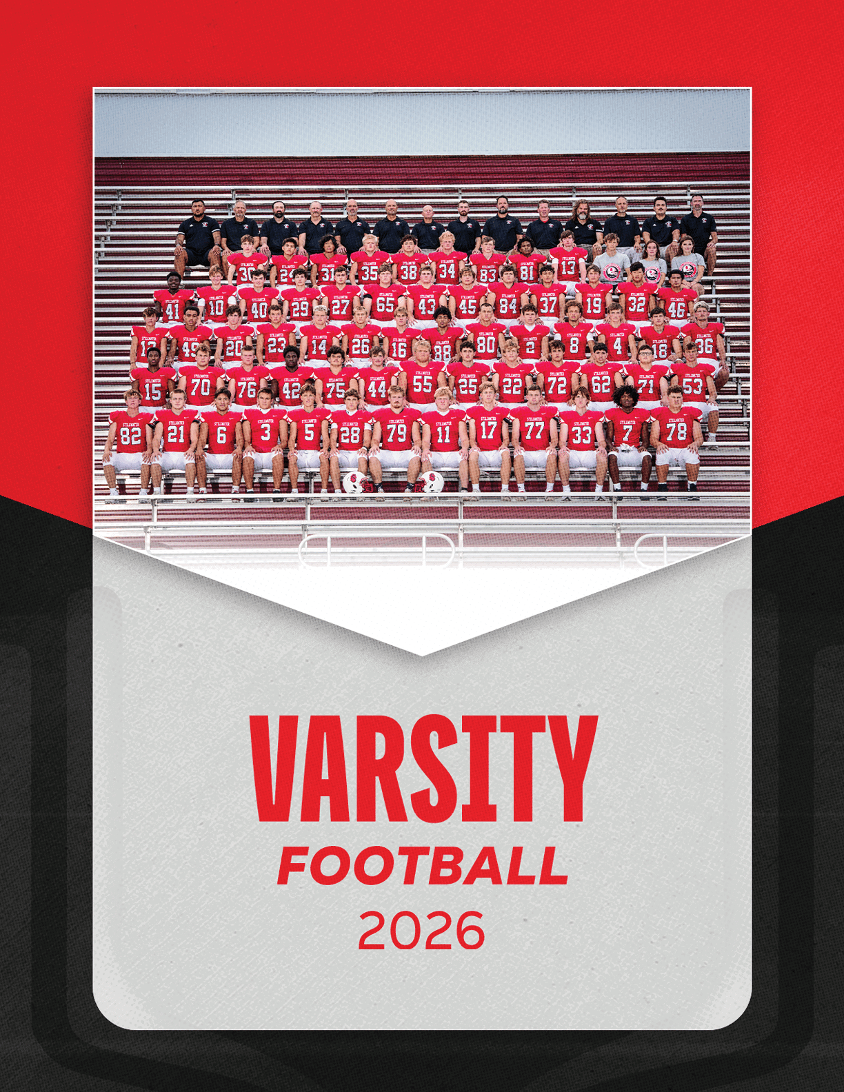 A large group of people wearing red football uniforms and black shirts are posed in rows on bleachers with the text varsity football 2026 below them. Description generated by AI