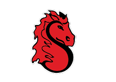A stylized red horse head with a flowing mane forms the shape of the letter S outlined in black and white. Description generated by AI