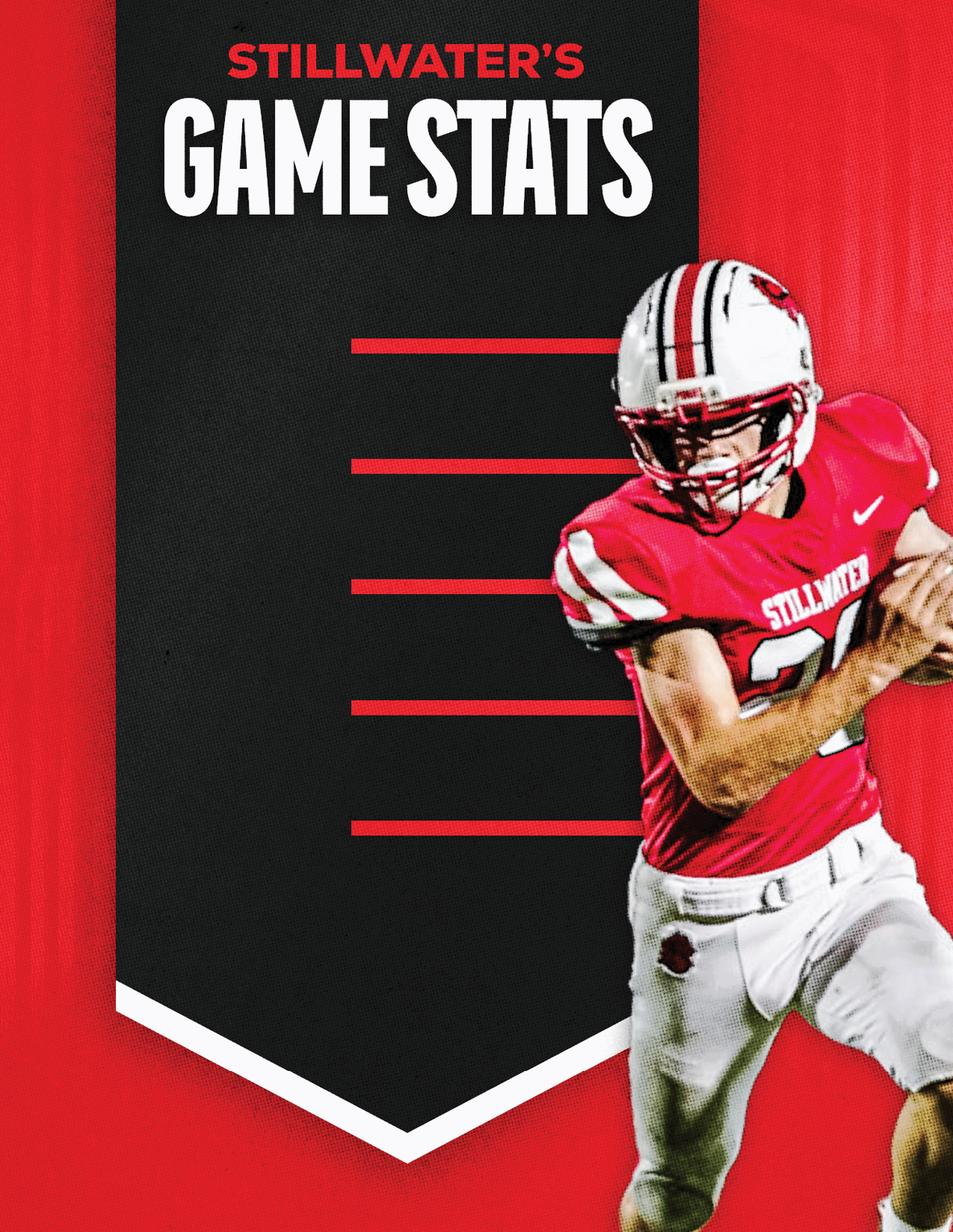A person in a red and white football uniform is running while holding a football next to a black banner with red text that reads Stillwater's Game Stats on a red background. Description generated by AI