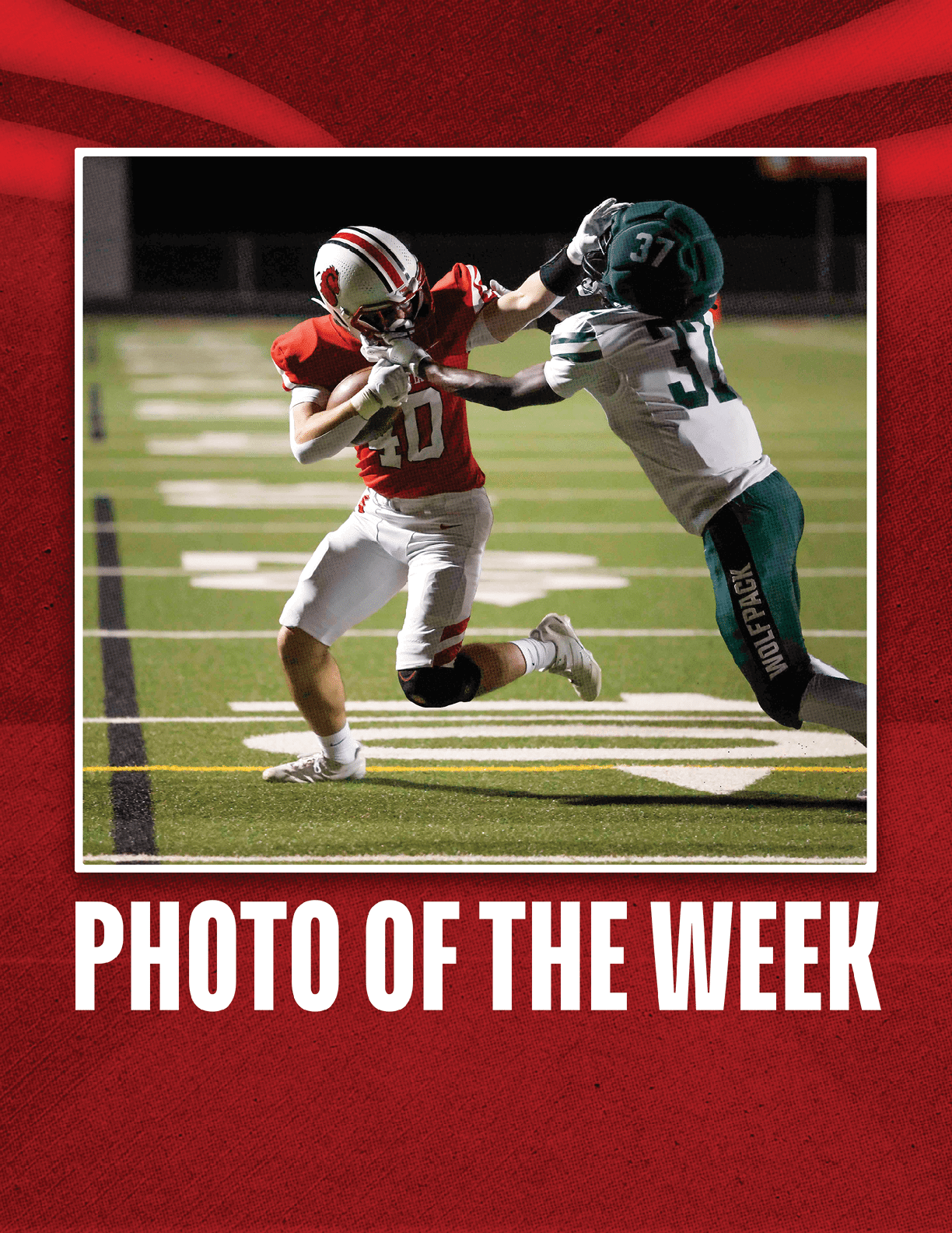 Two football players in action on a field with one player in a red uniform running while the other in a white and green uniform attempts to block or tackle. Description generated by AI