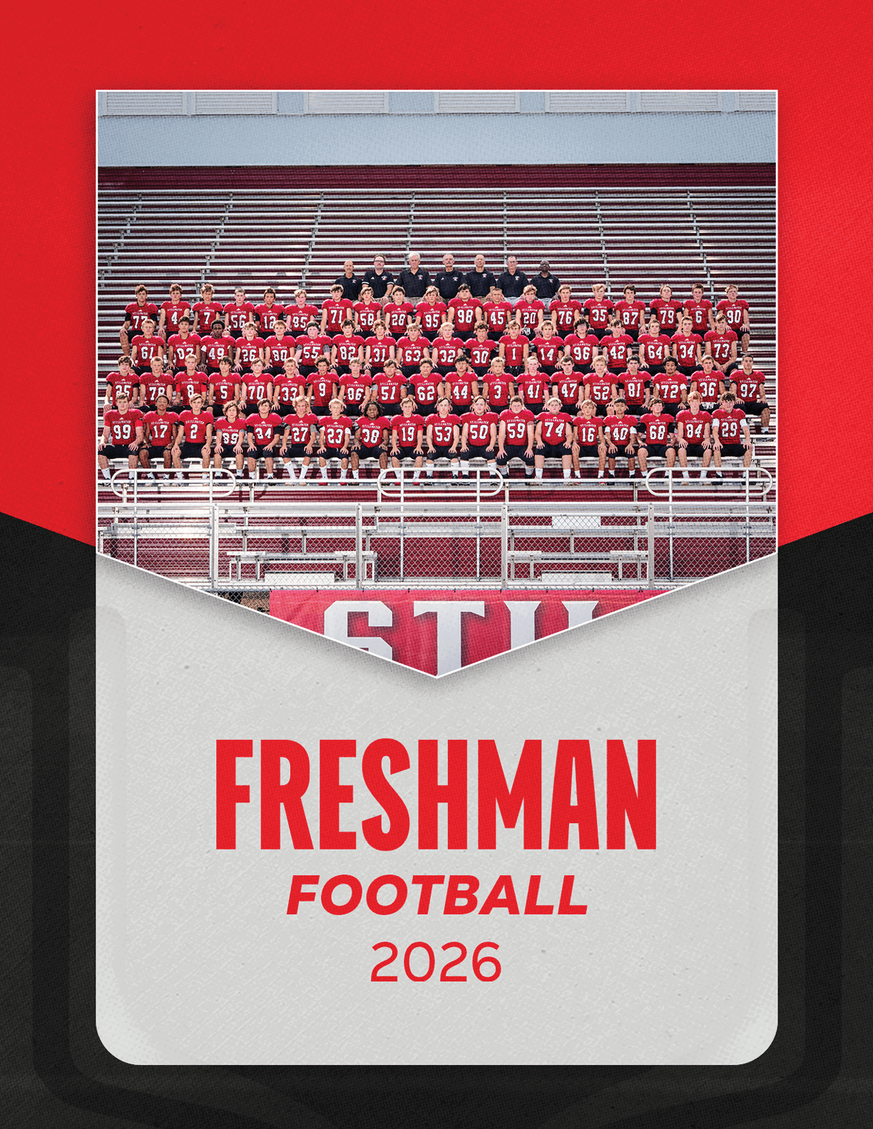 A large group of people wearing red football uniforms is seated in stadium bleachers above text that reads Freshman Football 2026. Description generated by AI