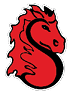 A stylized red horse head with a flowing mane forms the shape of the letter S outlined in black and white. Description generated by AI