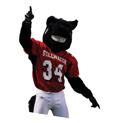 A person in a black panther mascot costume wearing a red sports jersey with the number 34 is raising one arm with a finger pointing up. Description generated by AI