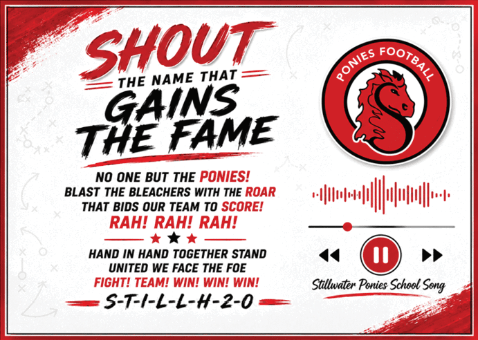 A vibrant sports-themed graphic with bold red and black text encouraging cheering for the Ponies football team, featuring a red pony logo and audio playback controls. Description generated by AI