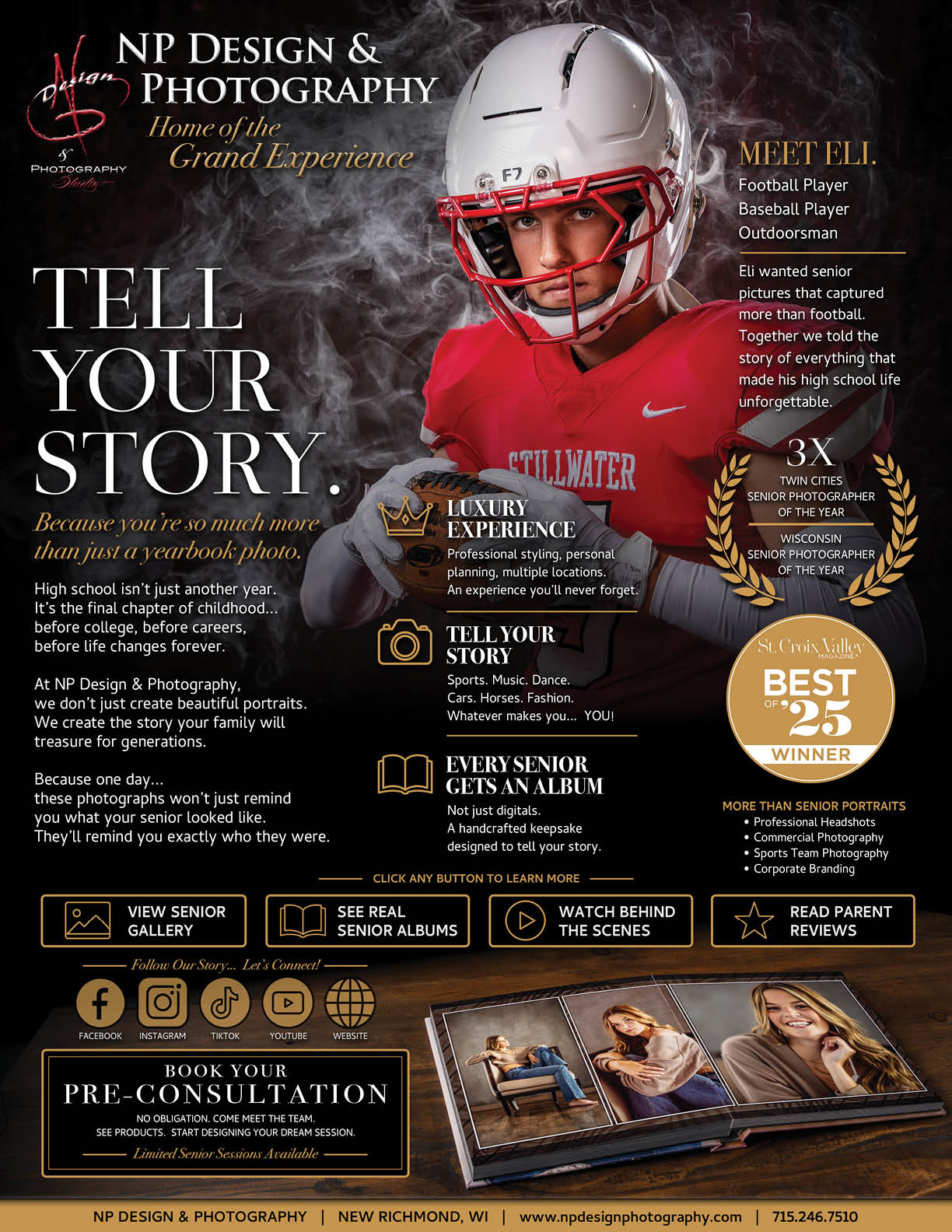 A person wearing a white football helmet and red jersey is featured in an advertisement for NP Design & Photography promoting senior portraits with a focus on storytelling and luxury experience. Description generated by AI