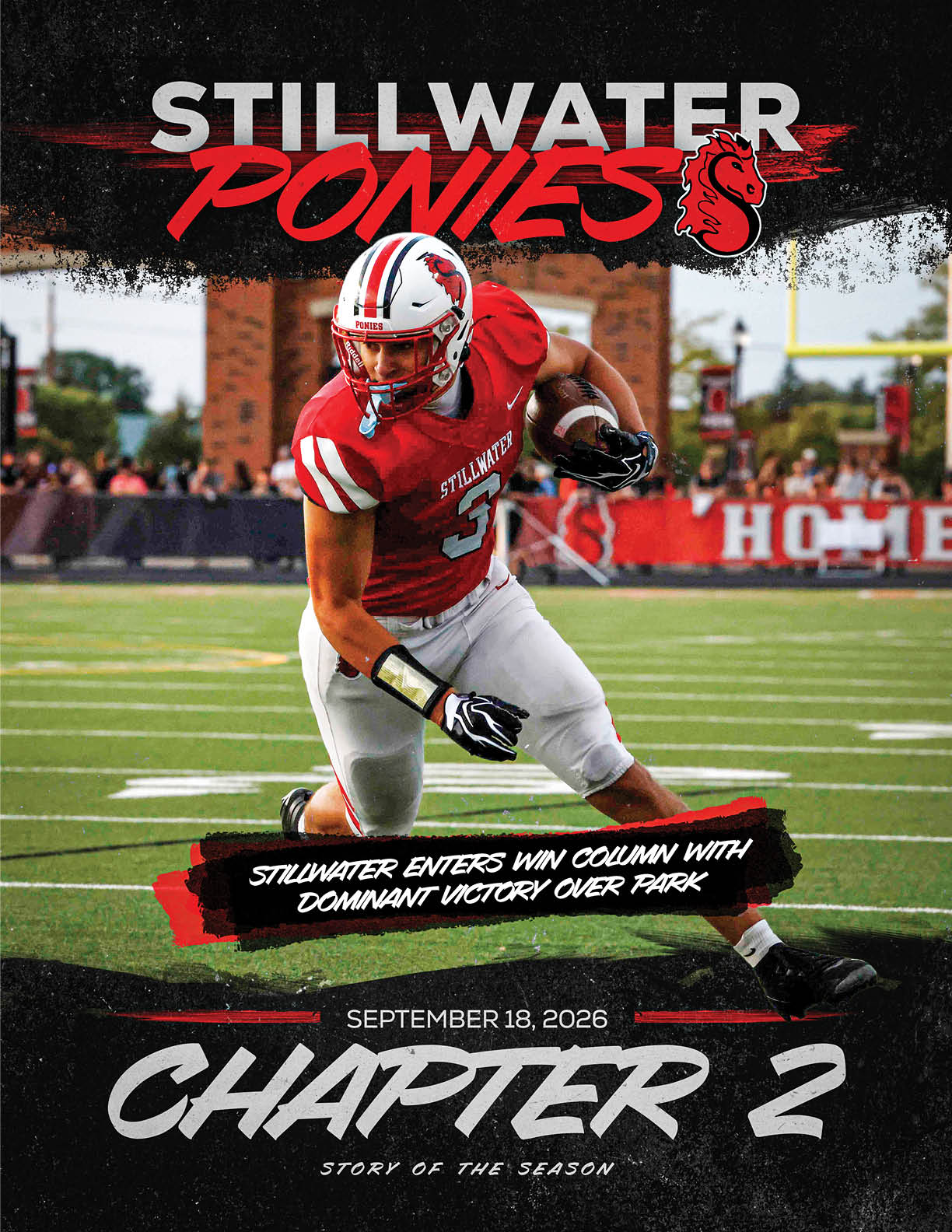 An adult football player in a red and white uniform runs on a field holding a football with text announcing Stillwater Ponies' dominant victory and the date September 18, 2026, styled like a sports poster. Description generated by AI