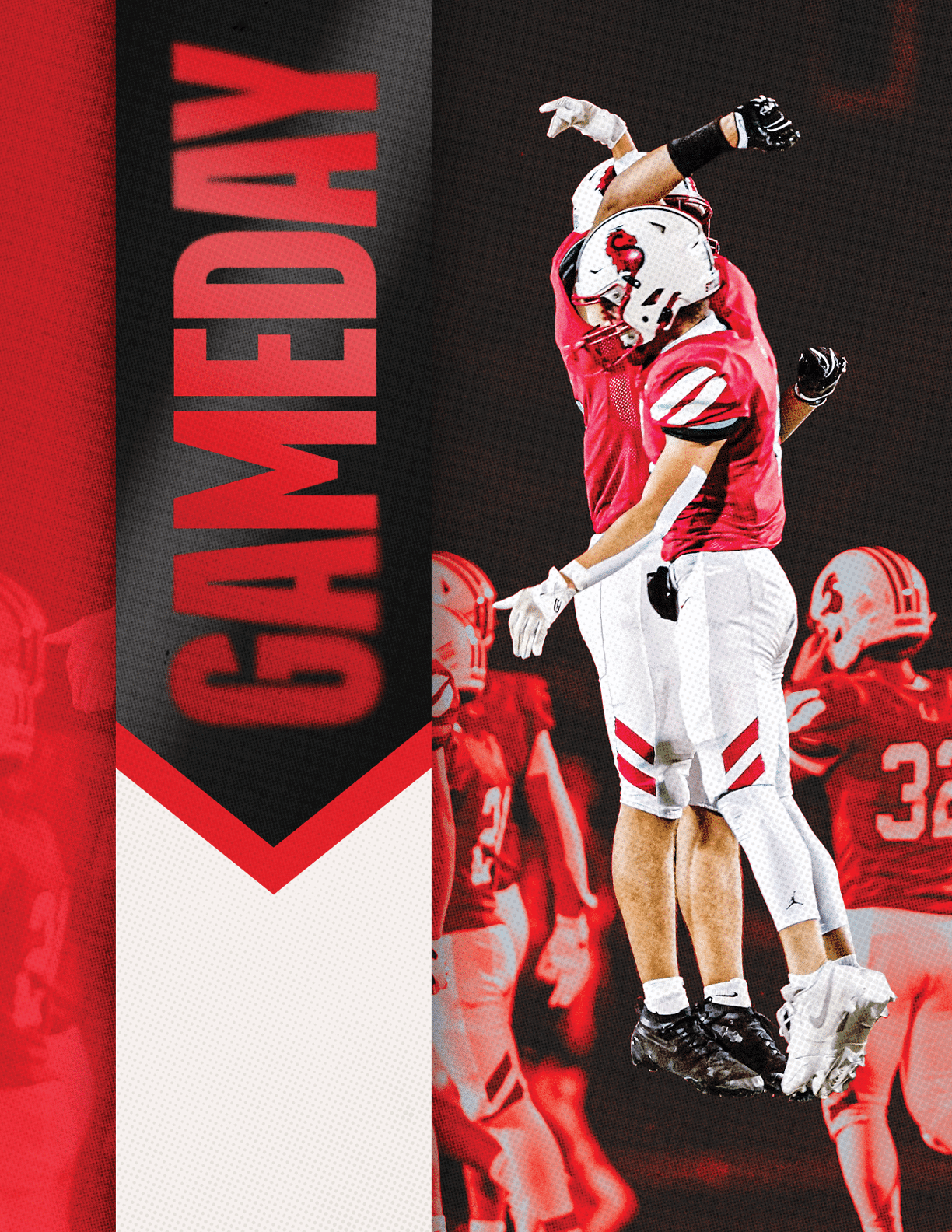Two people in red and white football uniforms jump in the air celebrating on a field with the word GAMEDAY in bold red letters on a black and white background beside them. Description generated by AI