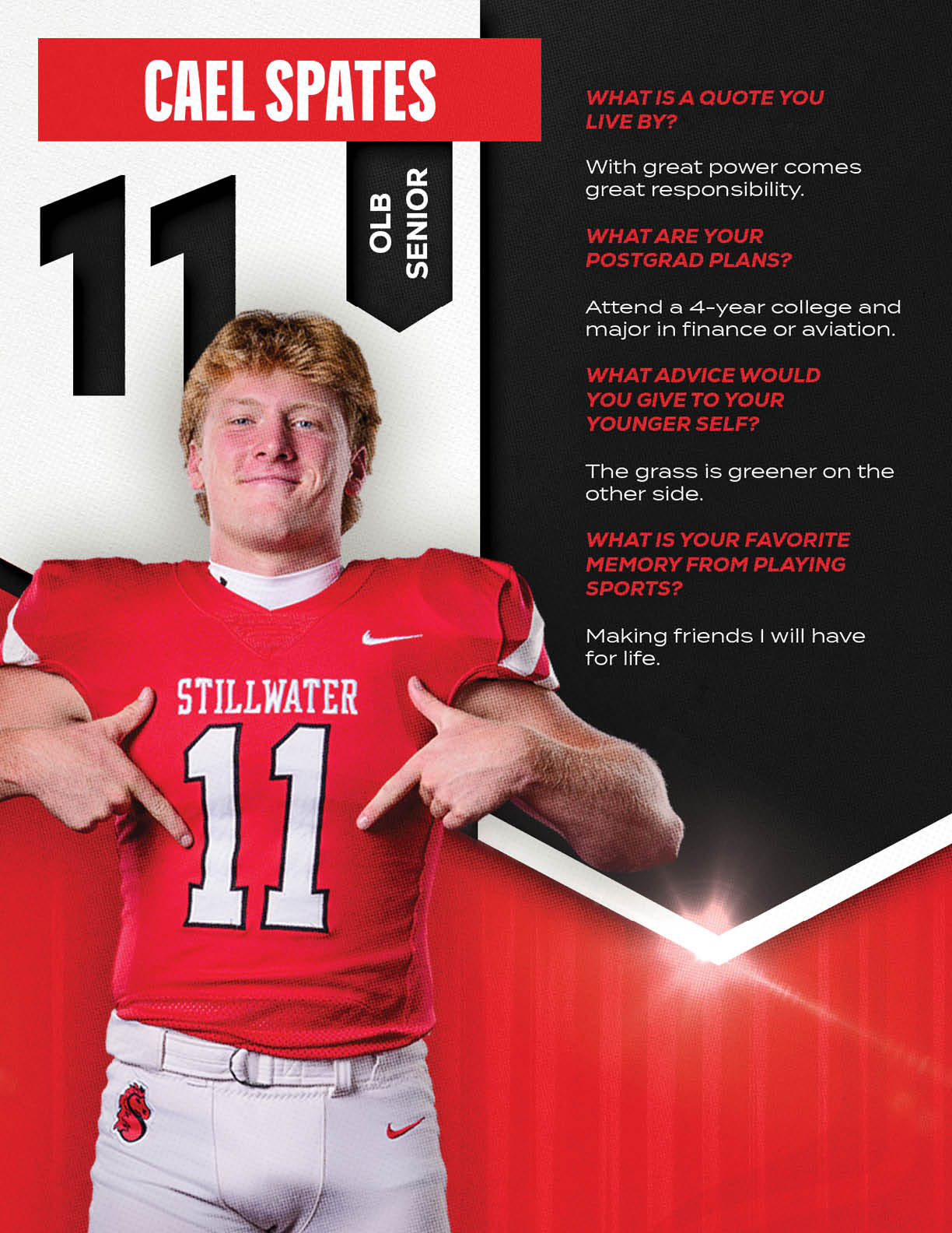 A person wearing a red football jersey with the number 11 and the name Cael Spates is pointing to the number while standing next to text about quotes, postgrad plans, advice, and favorite sports memories. Description generated by AI