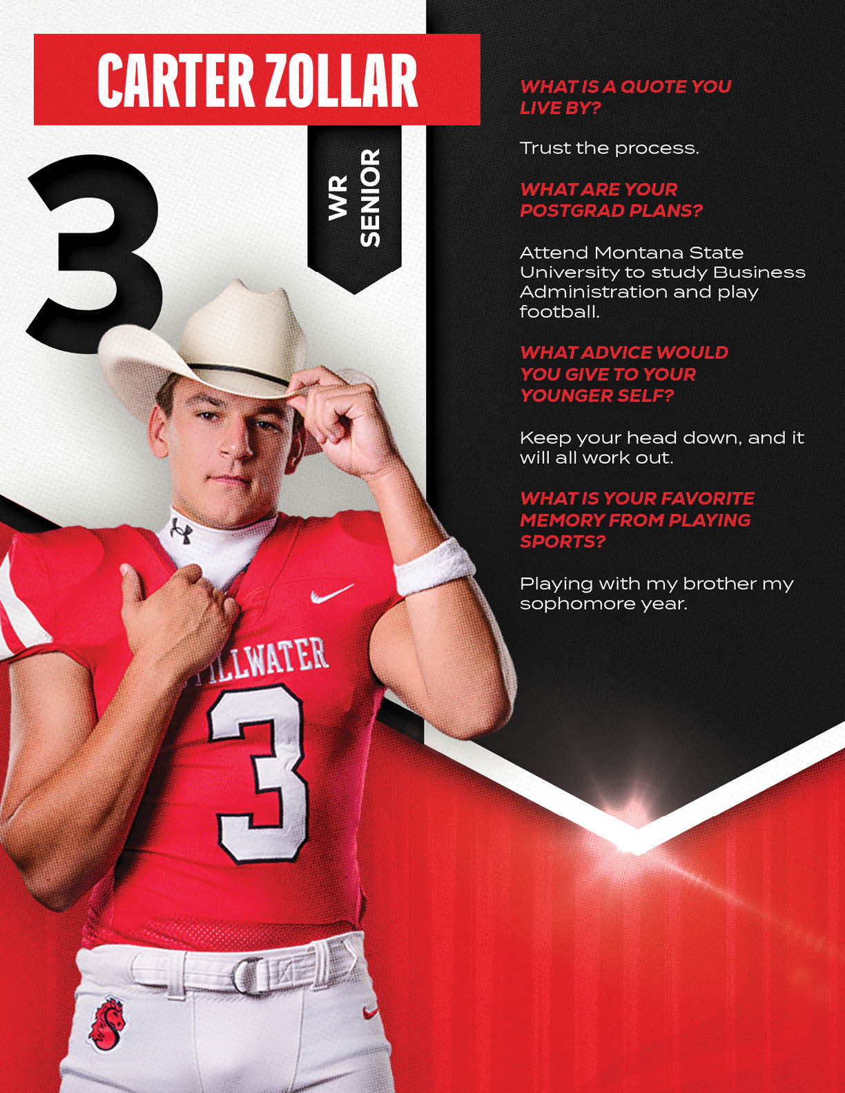 An adult wearing a red football uniform with the number three and a white cowboy hat poses with one hand adjusting the hat and the other near the collar, accompanied by text about postgrad plans and sports memories. Description generated by AI