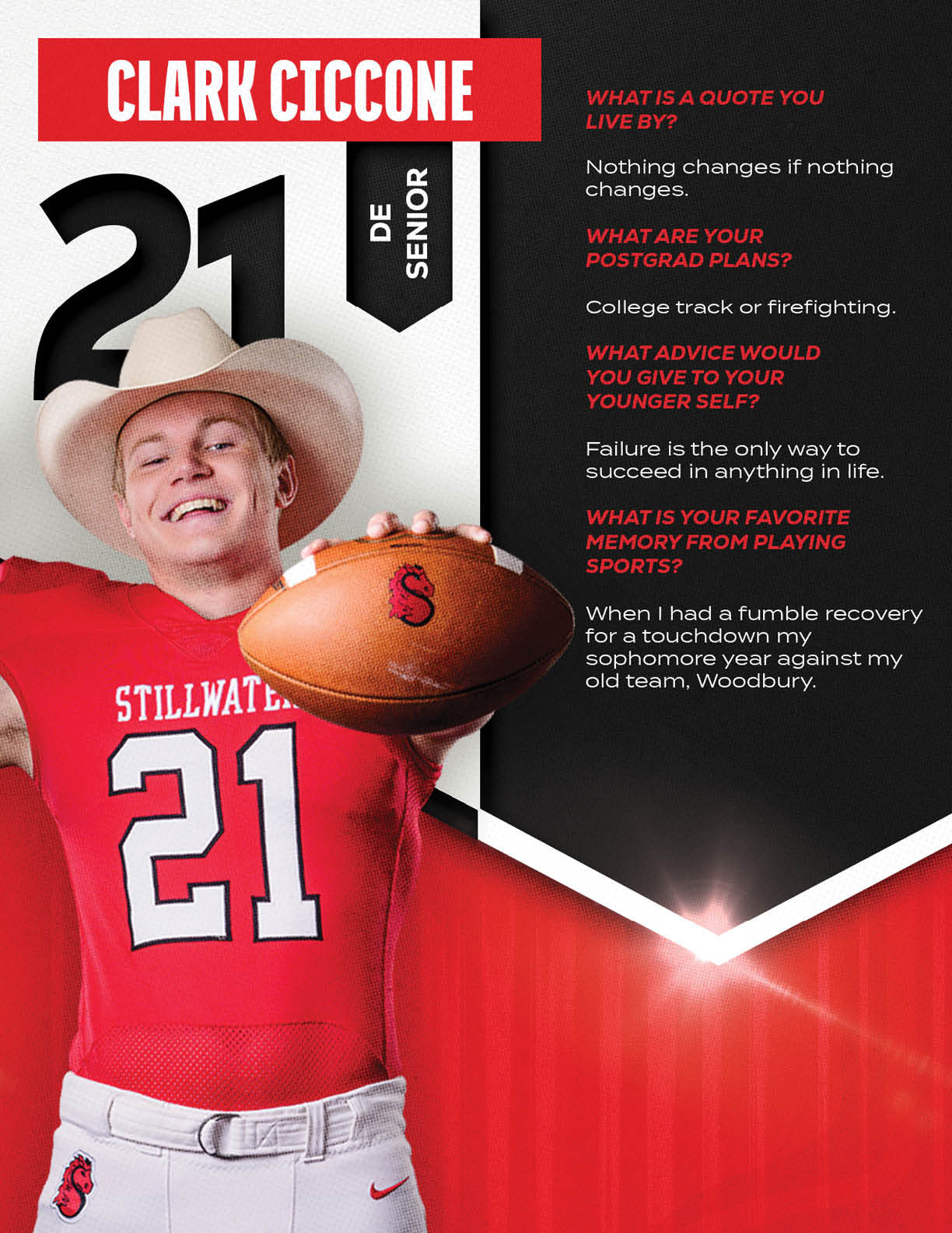 A person wearing a red football jersey with the number 21 and a white cowboy hat is holding a football and smiling, with text about Clark Ciccone, a senior defensive end, and interview questions about quotes, postgrad plans, advice, and favorite sports memory. Description generated by AI