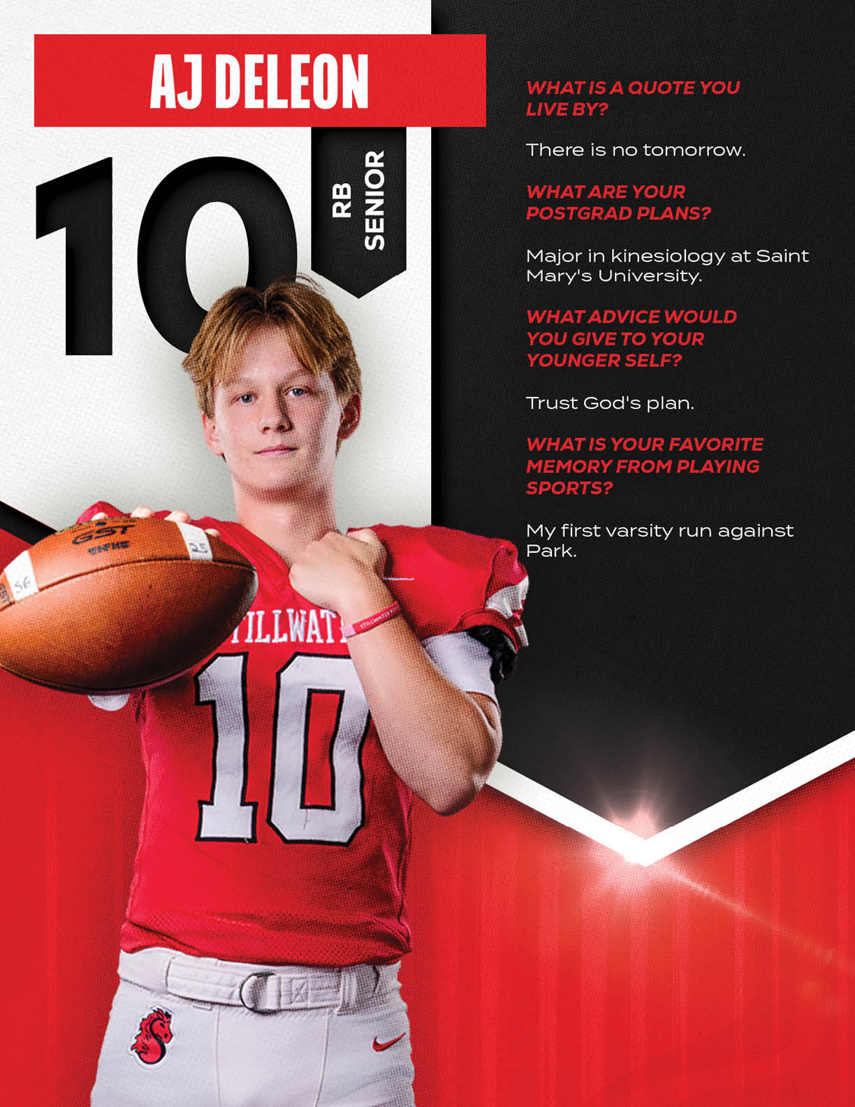 A person in a red football uniform holding a football is featured alongside text with their name, position, class year, and answers to questions about a favorite quote, postgrad plans, advice to their younger self, and a favorite sports memory. Description generated by AI
