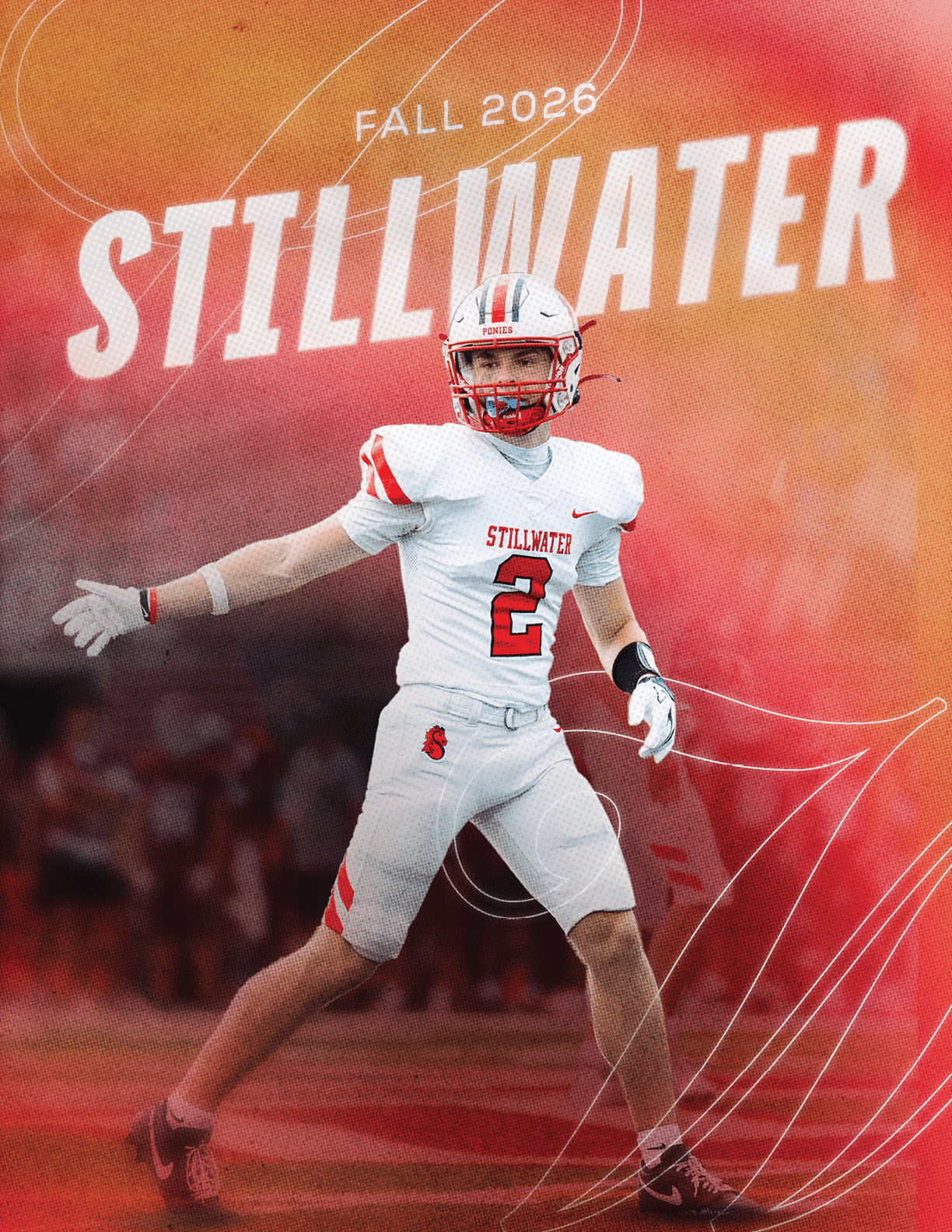 A person in a white football uniform with the number 2 is standing on a field with an orange and red gradient background and the text “Fall 2026 Stillwater" above. Description generated by AI