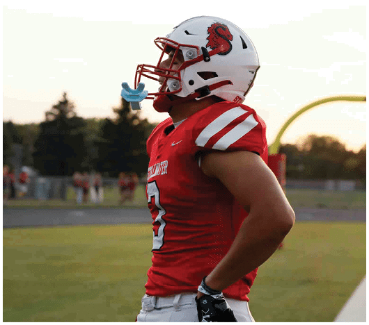 A person wearing a red football jersey with the number 3 and white pants stands on a field with hands on hips during sunset. Description generated by AI