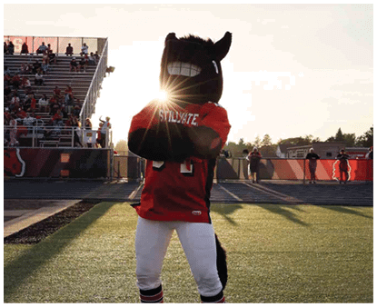 A large mascot head with a wide grin is positioned in front of a sunlit sky near a stadium bleacher filled with seated people. Description generated by AI