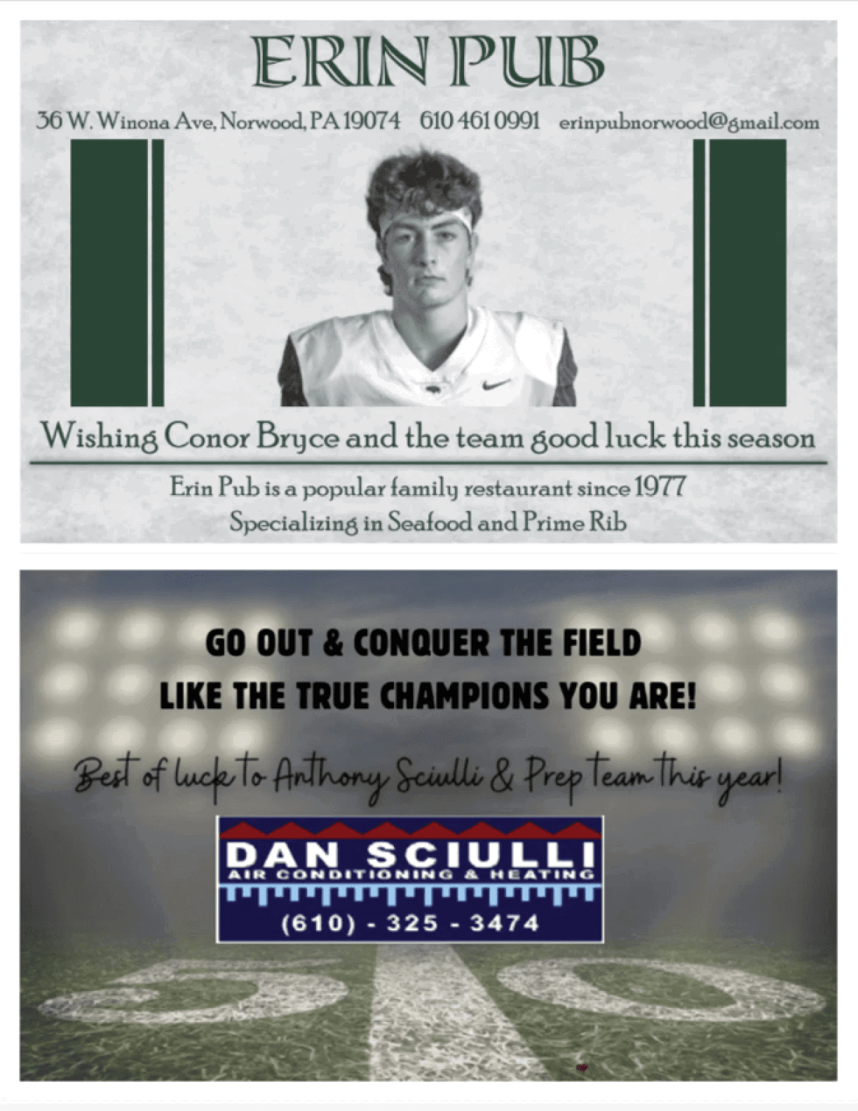 A football player is featured on a sign for Erin Pub. AI generated content
