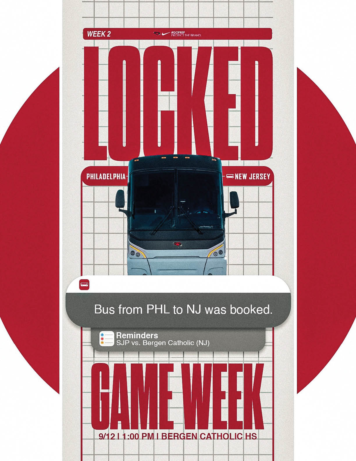 A graphic with bold red text reading “LOCKED GAME WEEK" and a bus image in the center, indicating a bus from Philadelphia to New Jersey was booked for a football game between SUP and Bergen Catholic. Description generated by AI