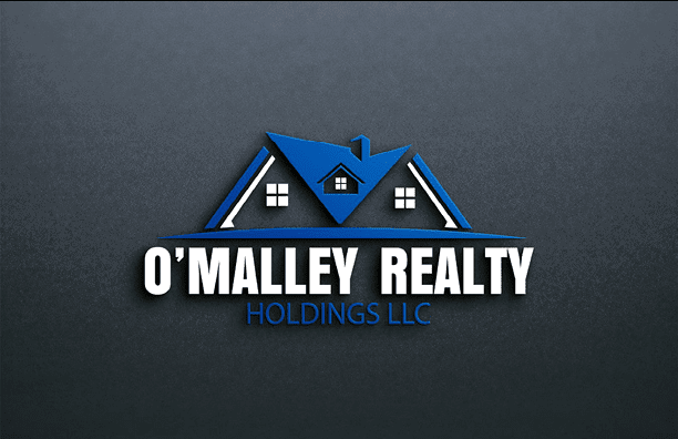 A logo featuring a stylized blue house roof with windows above the bold white text “O'MALLEY REALTY" and smaller blue text "HOLDINGS LLC" on a dark textured background. Description generated by AI