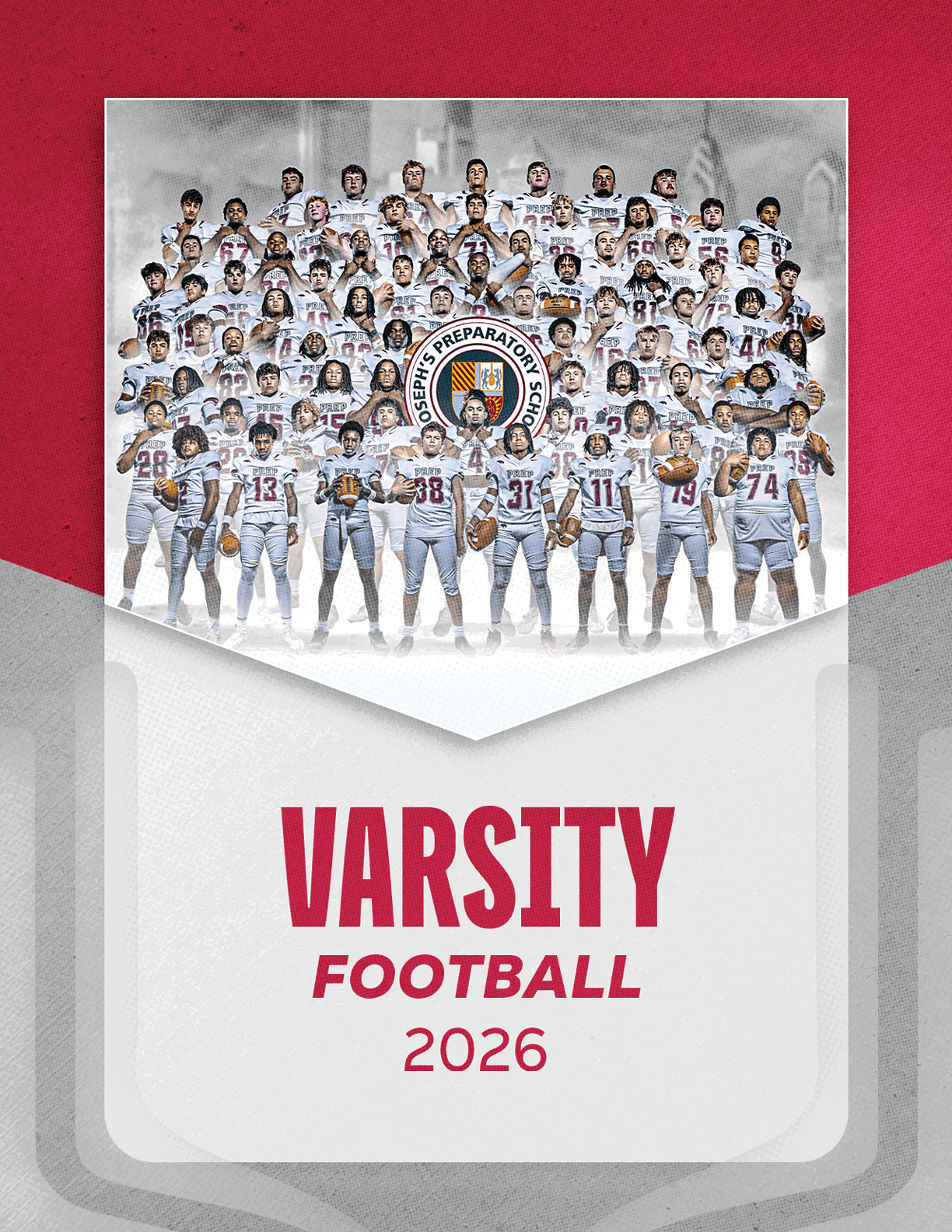 A large group of people wearing white football uniforms pose together above bold red text that reads varsity football 2026 on a red and gray background. Description generated by AI