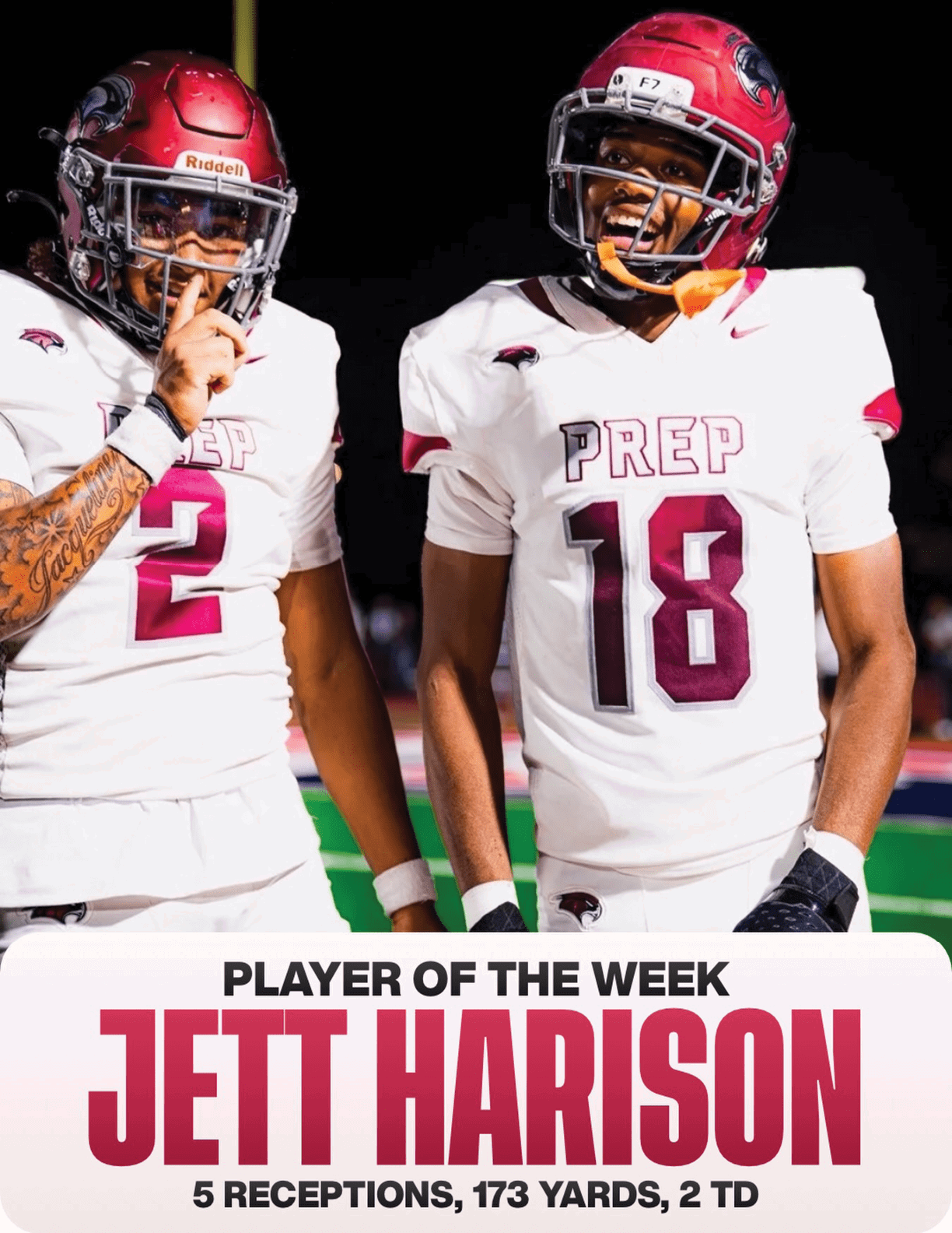 Two adults wearing football uniforms with helmets stand on a field at night, with text highlighting one as player of the week for notable receptions, yards, and touchdowns. Description generated by AI