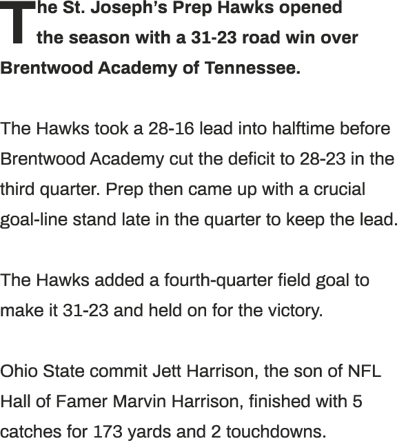 The St. Joseph’s Prep Hawks opened the season with a 31 23 road win over Brentwood Academy of Tennessee. The Hawks to...