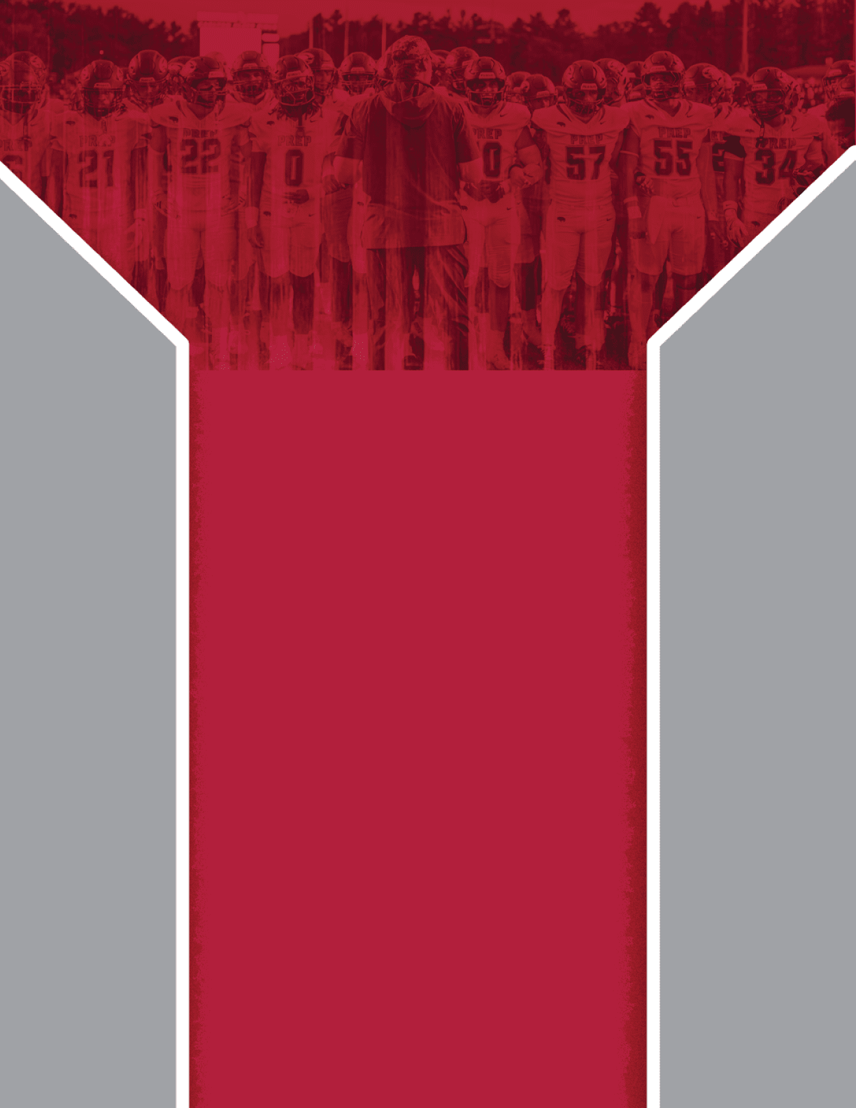 A group of people in sports uniforms standing together behind a large red shape resembling the letter Y. Description generated by AI