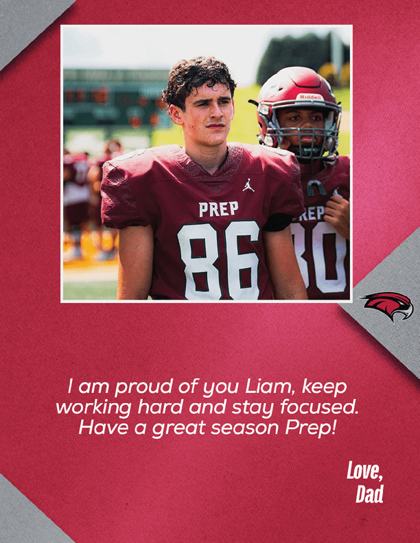 A person wearing a maroon football jersey with the number 86 stands next to another person in a helmet and jersey, with a supportive message from a parent encouraging Liam to stay focused and have a great season. Description generated by AI