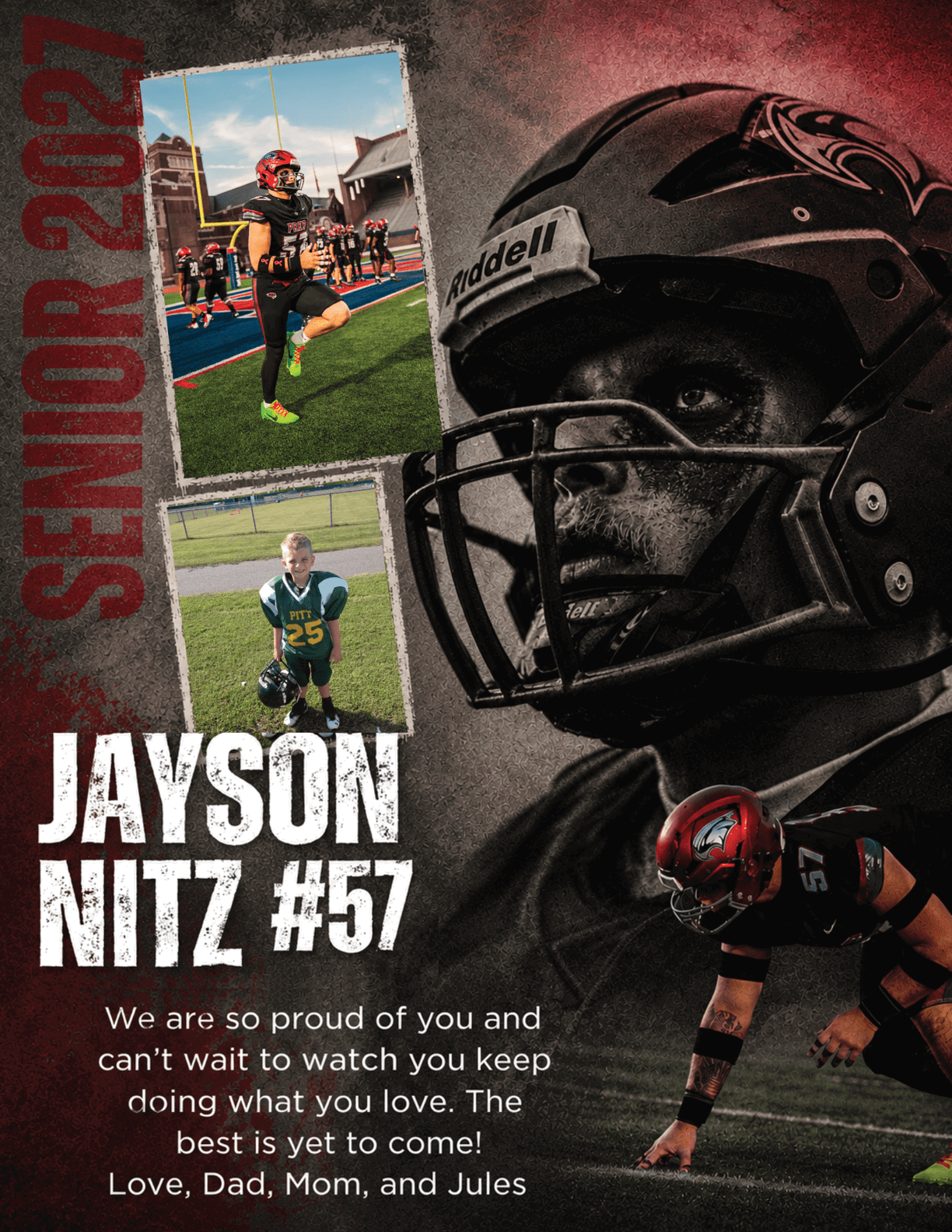 A senior football player named Jayson Nitz wearing a black helmet and uniform is shown in action on the field with a message from family expressing pride and encouragement for the future. Description generated by AI
