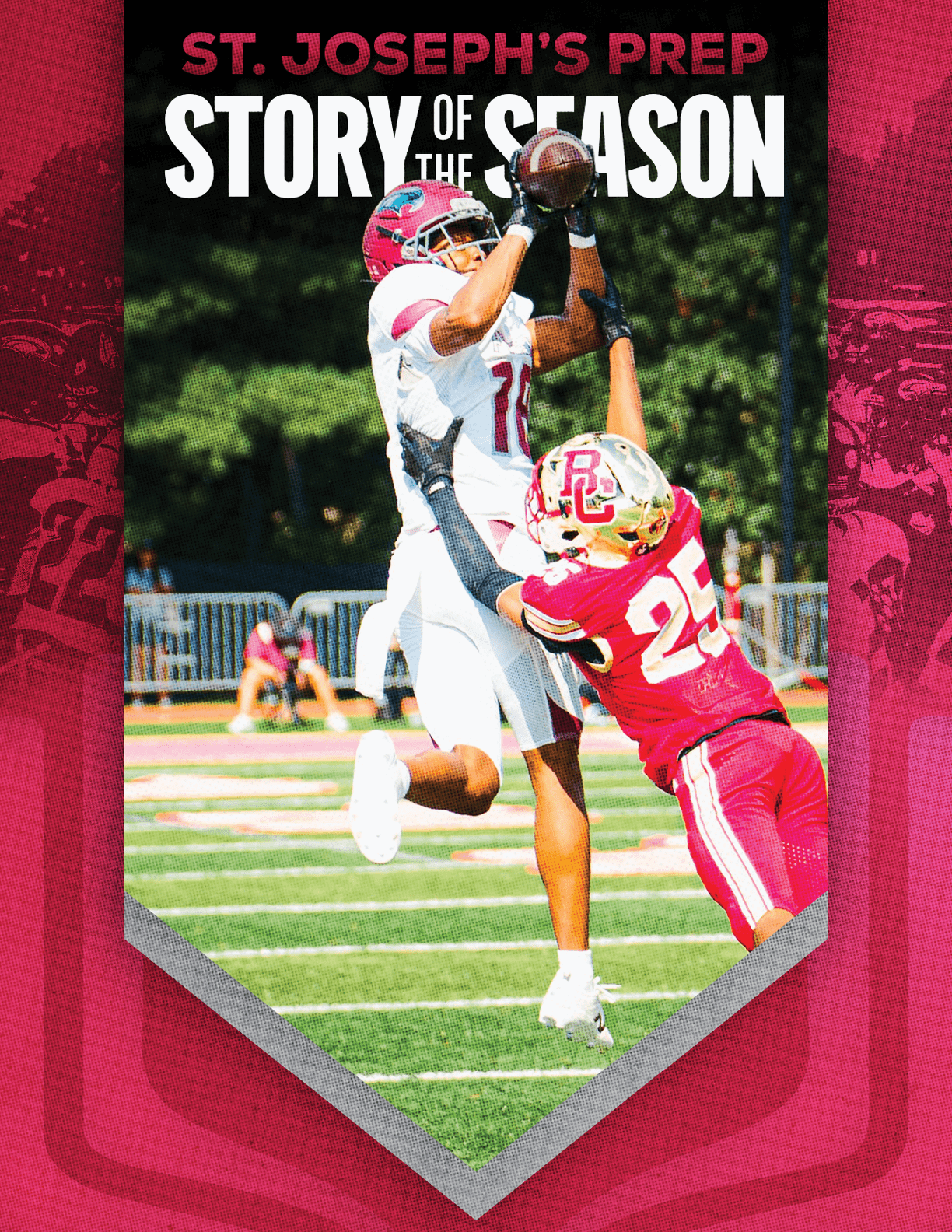 Two athletes in football uniforms are jumping and reaching to catch a football on a field with a blurred background of spectators. Description generated by AI