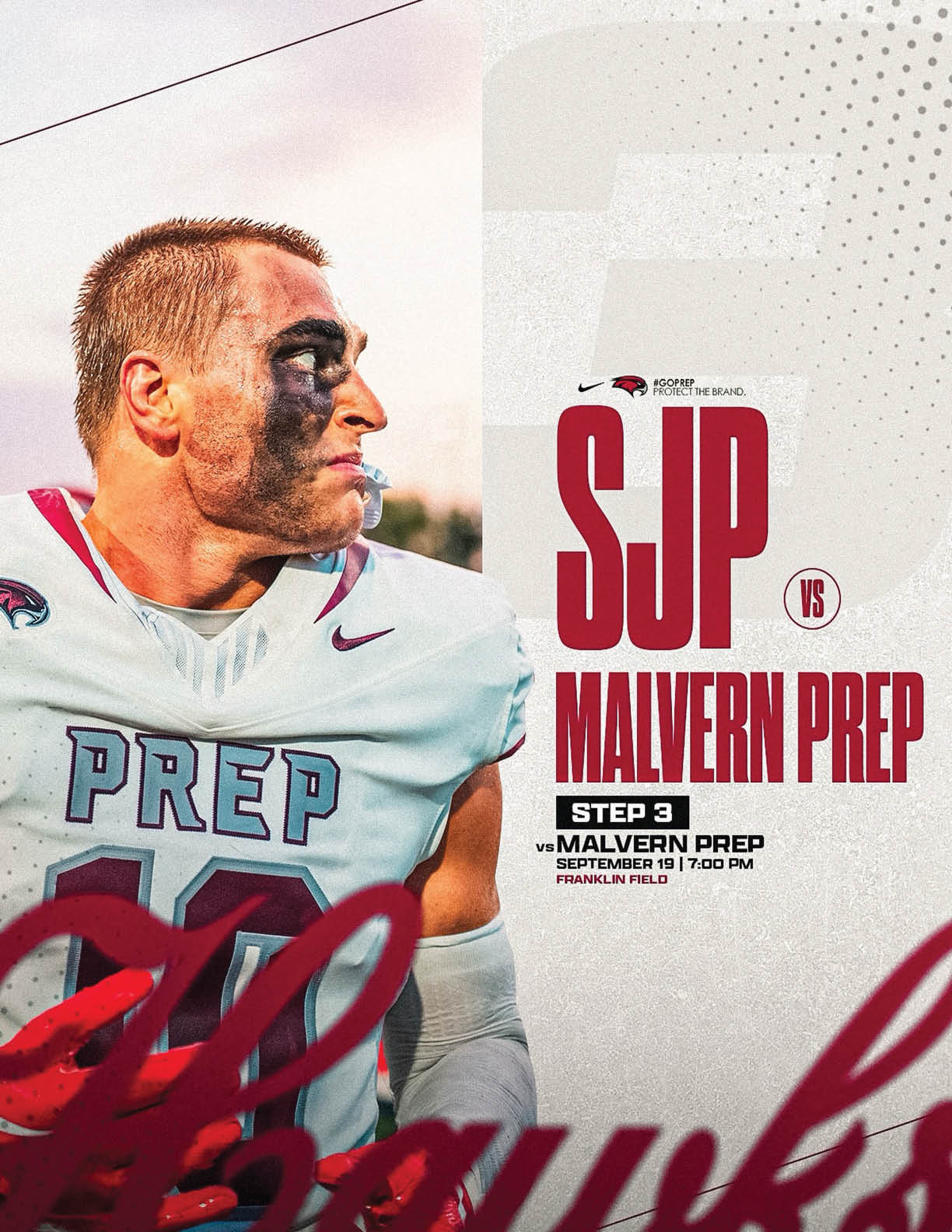 A graphic with bold red text reading “LOCKED GAME WEEK" and a bus image in the center, indicating a bus from Philadelphia to New Jersey was booked for a football game between SUP and Bergen Catholic. Description generated by AI