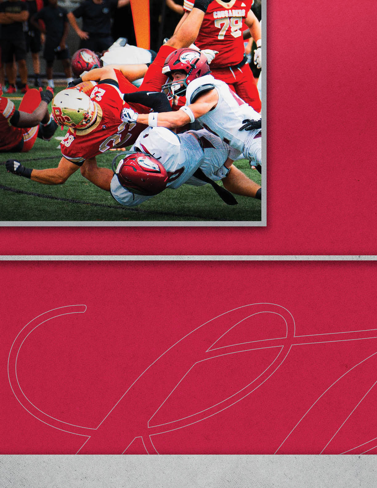 Several people in football uniforms are engaged in a dynamic play on a grassy field with one player tackling another. Description generated by AI