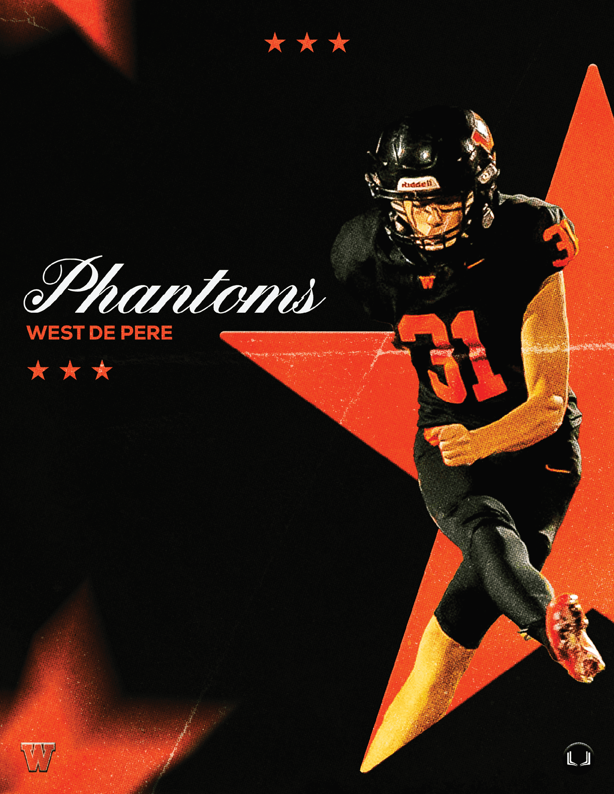 A person in a black and orange football uniform with the number 31 is kicking a football against a black background with an orange star and the words “Phantoms West De Pere." Description generated by AI