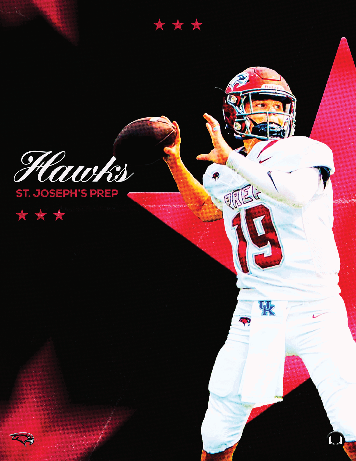 A person in a football uniform with the number 19 is preparing to throw a football against a black background with red stars and the text “Hawks St. Joseph's Prep." Description generated by AI