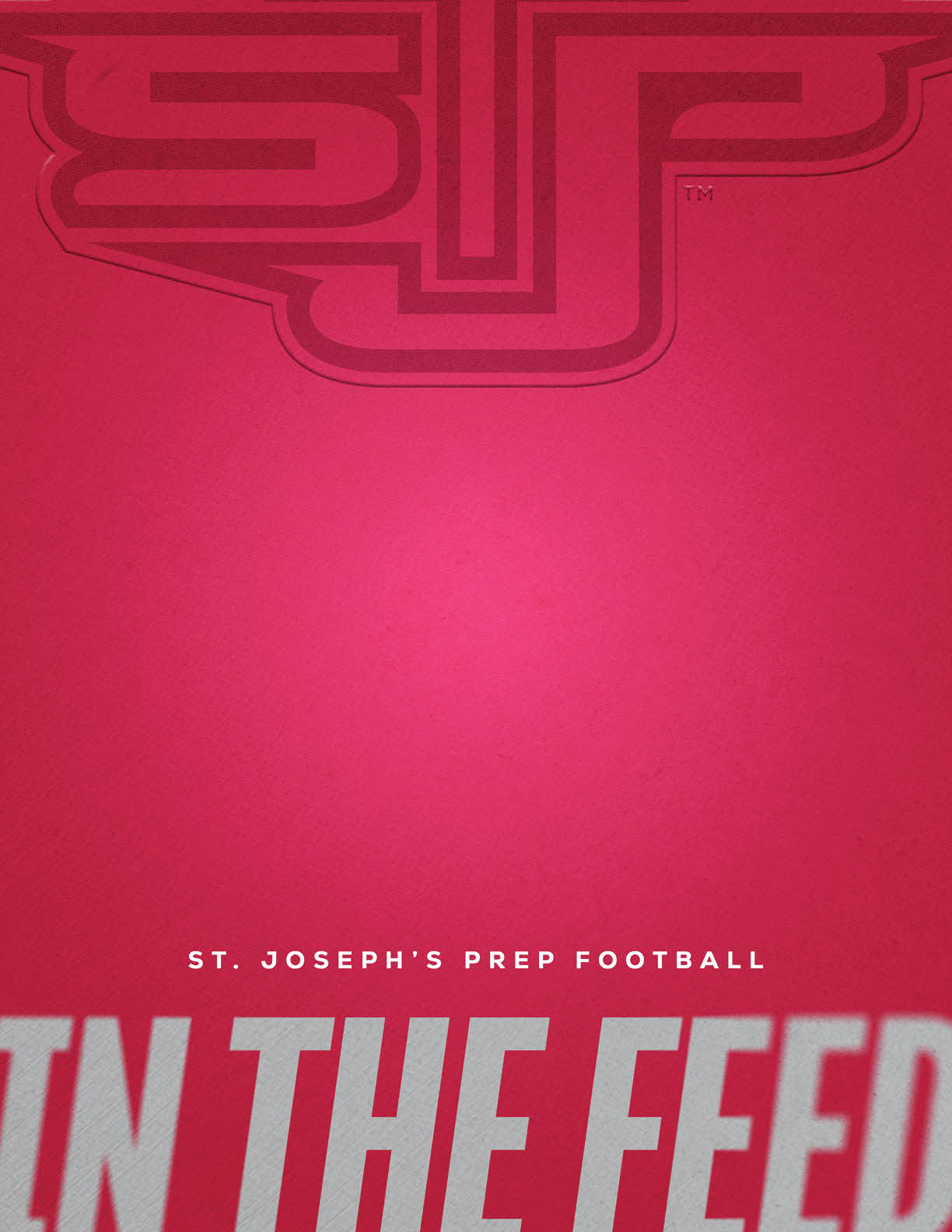 A red background with a stylized “SJP" logo at the top and the text "ST. JOSEPH'S PREP FOOTBALL" in small white letters below it. Description generated by AI